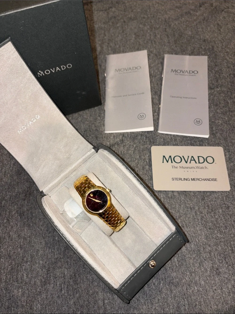 Womens Movado designer watch w grey case & box w logo jewelry watches slim band